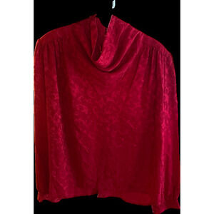 Red Jacquard Weave Silk Satin Long-Sleeve Cowl-Neck Blouse with Shoulder Pads
